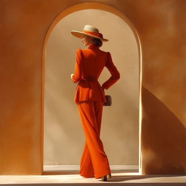 Elegant Vintage Woman in Orange Pantsuit