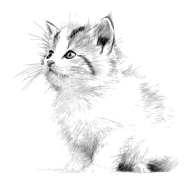 Cute Baby Cat Black and White Line Drawing
