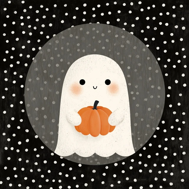 Cute Ghost with Pumpkin Vintage Halloween Illustration