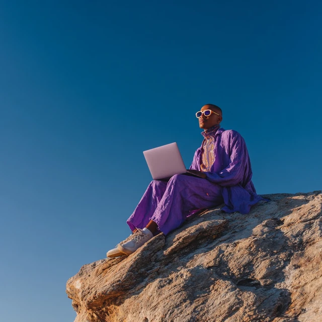 Man in Purple Outfit with Laptop on Rock