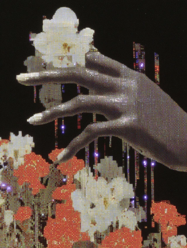 Pixelated Hand and Flowers Illustration