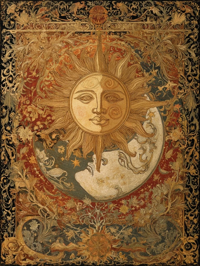 Vintage Celestial Floral Sun Moon Stars Painting Art