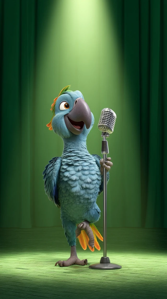 Cartoon Parrot on Stage Mic Stand Comedy Pixar Style