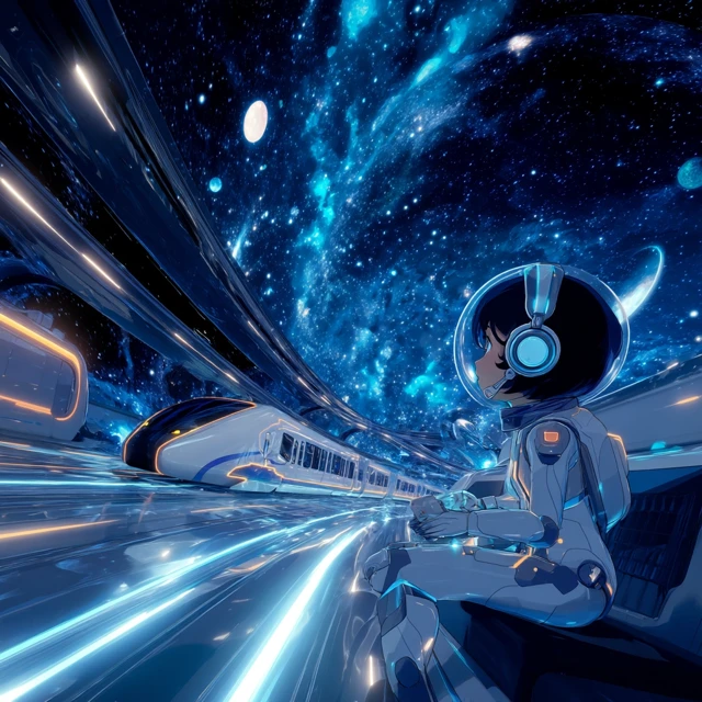 Astronaut Train Ride Through Space Cartoon