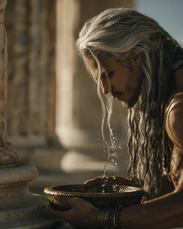 Greek Man Silver Hair Washing Face Ancient Setting
