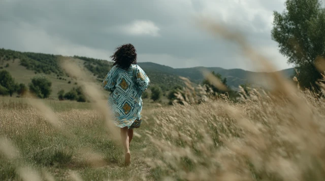 Uzbek Woman Running Through Meadow Cinematic Shot
