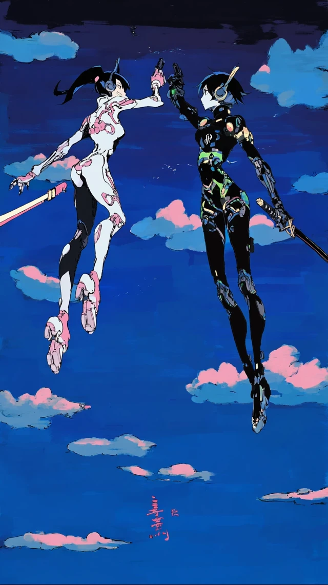 SciFi Duel Two Girls Cyberpunk Anime Art