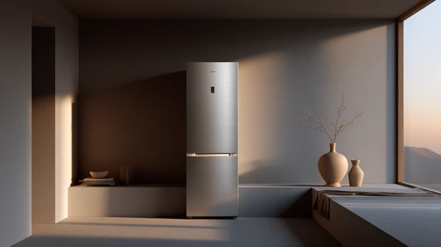 Minimalist Kitchen Design with Stainless Steel Refrigerator