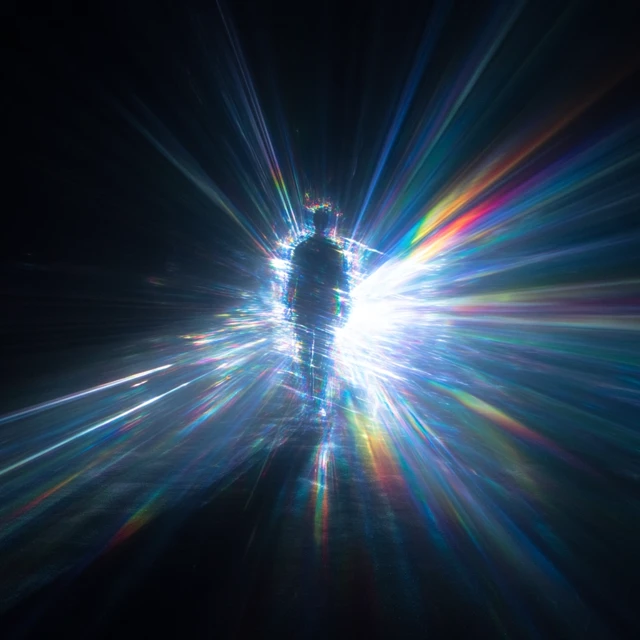 Abstract Future Runner with Rainbow Light Beams