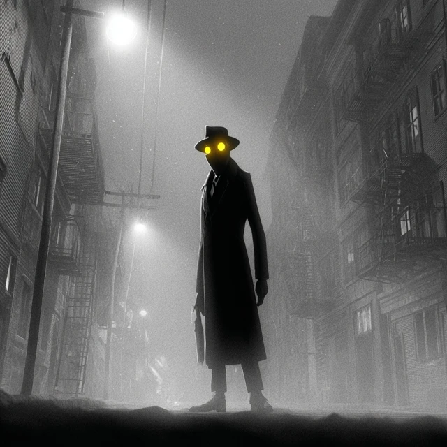 Noir Detective with Glowing Eyes in Foggy Street