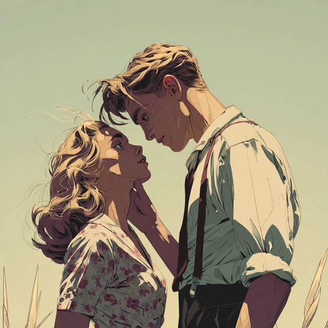 Romantic Kiss in the 1940s Comic Book Style