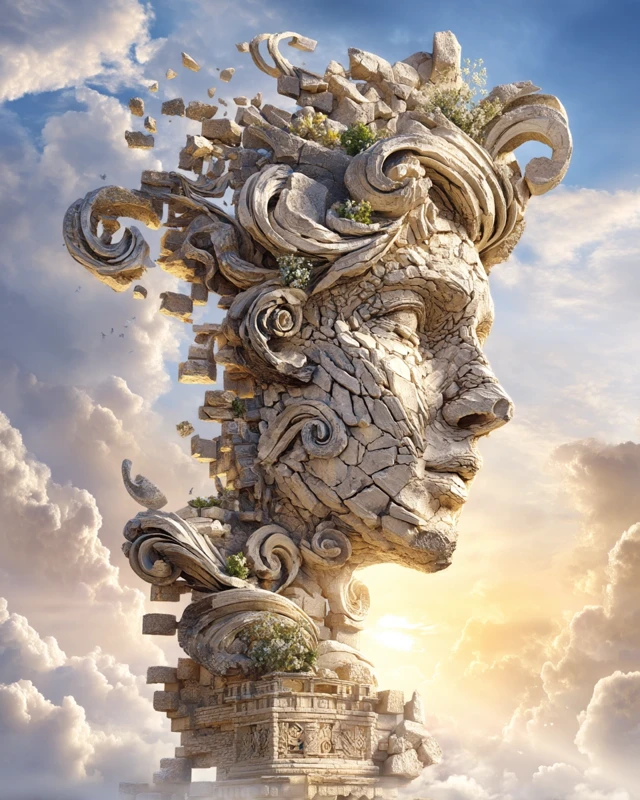Stone Sculpture Head with Spiraling Curls and Sunset Glow