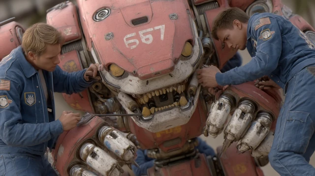 Mecha Repair Team Cinematic Concept Art 3D Render