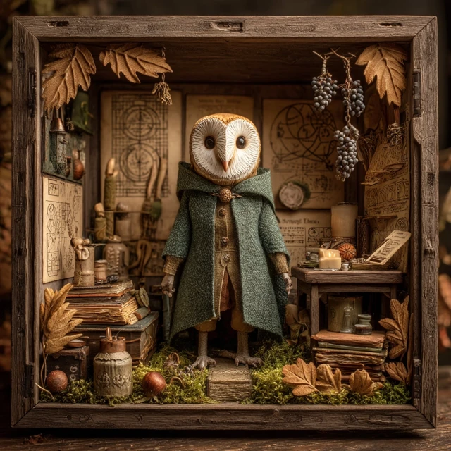 Miniature Diorama of a Barn Owl Astrologer