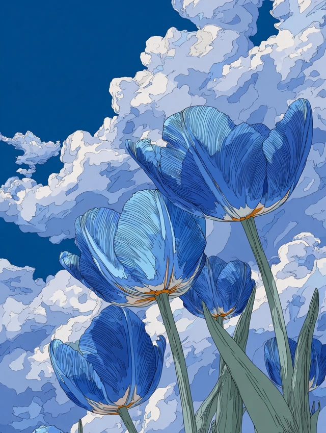 Anime Blue Tulips and Cloudy Sky