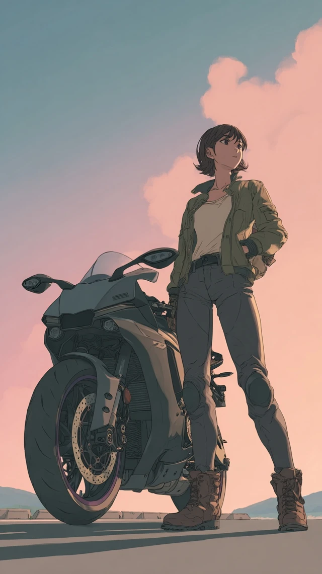Anime Biker Girl with Motorcycle Seaside Illustration
