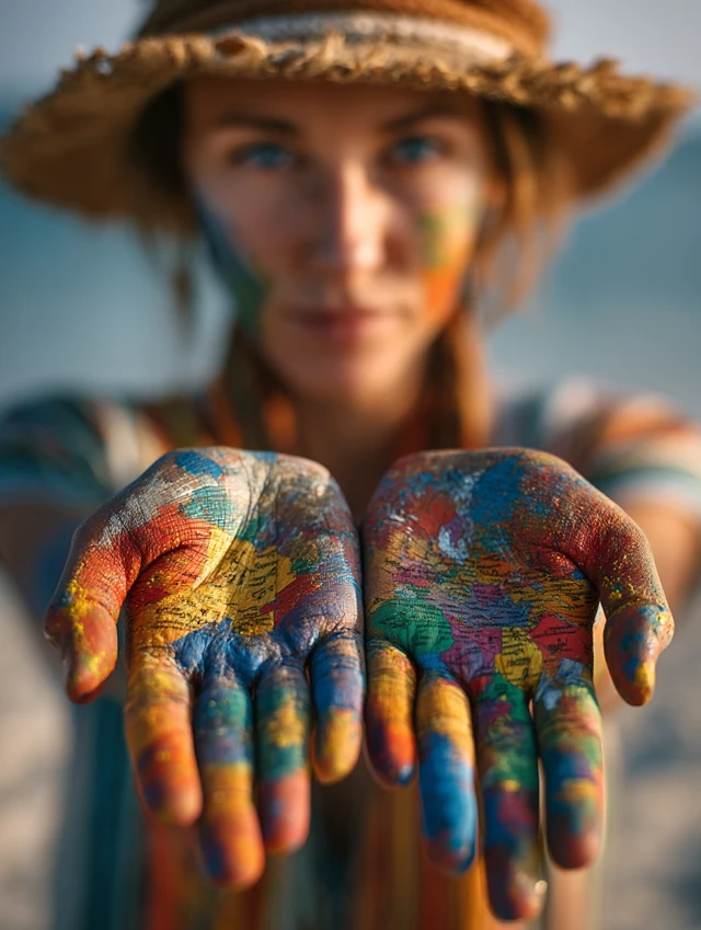 Woman with Painted Hands World Map Beach Photography