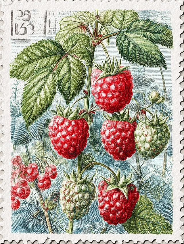 Raspberry Postage Stamp Art Retro Illustration