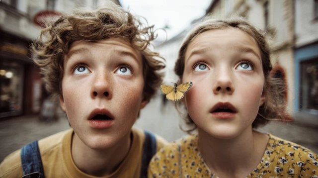 Boy and Girl Amazed by a Butterfly Street Photography