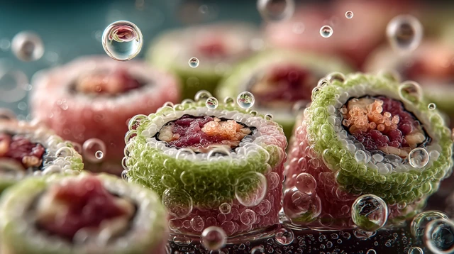 Sushi Rolls Artistically Floating with Soy Sauce