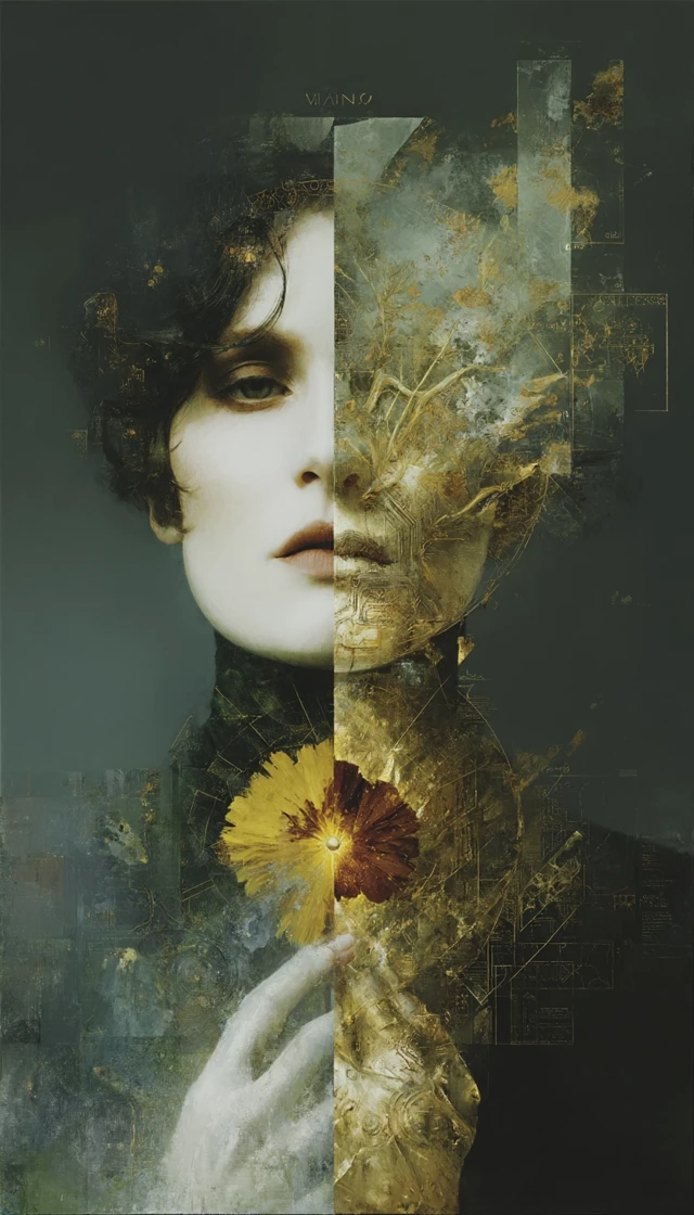 Woman Split Painting with Gold Leaves Oil Art