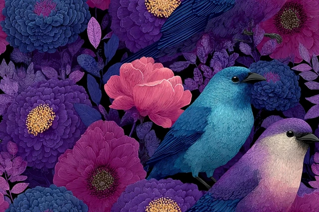 Cute Surreal Bird and Flower Seamless Pattern