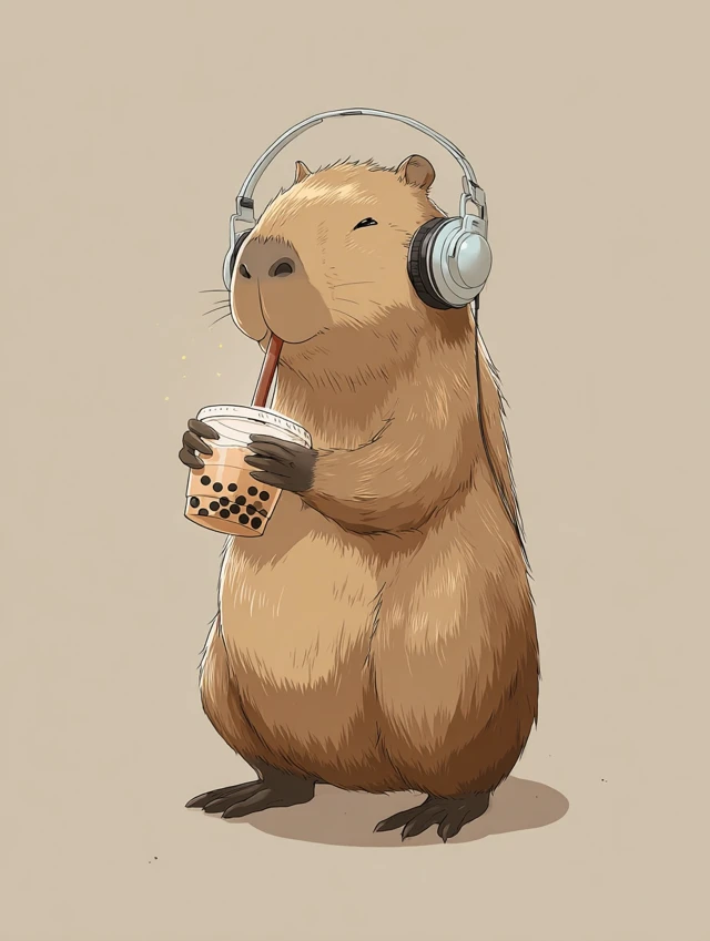 Chibi Capybara with Headphones and Bubble Tea