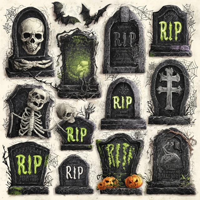 Spooky Halloween Tombstones RIP Gothic Skulls Bats Webs