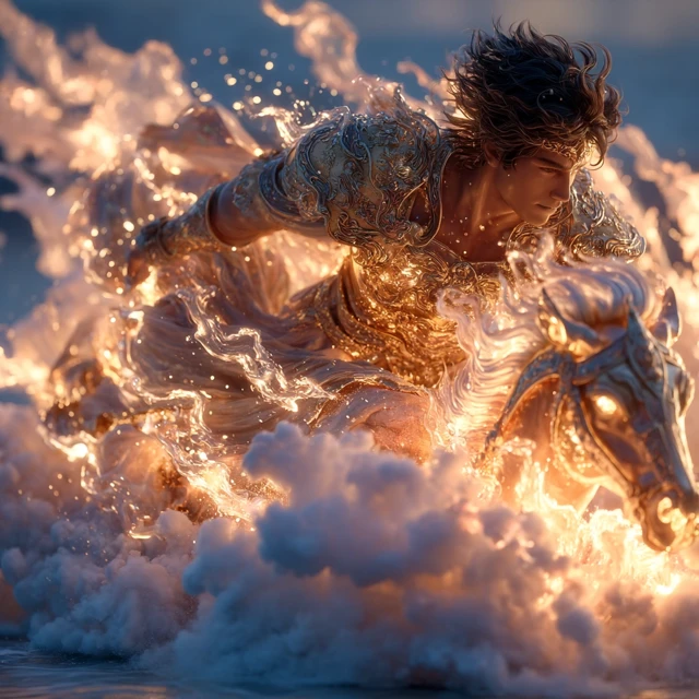 Man Ascending Chariot of Fire Above the Clouds