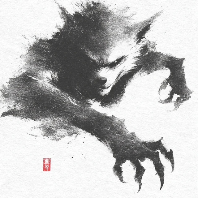 Evil Wolf Man Creature Black and White Ink Art
