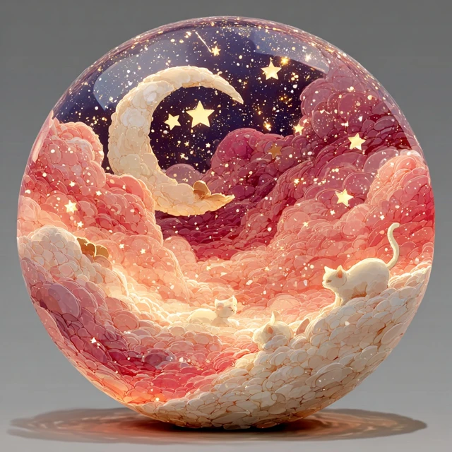 Cute Cartoon Scene Moon Stars Cats in Glass Ball
