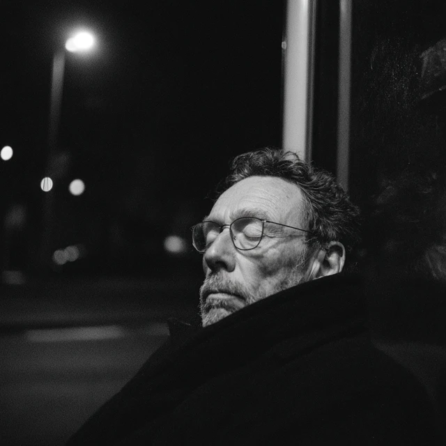 Man at Bus Stop Deep in Thought at Night