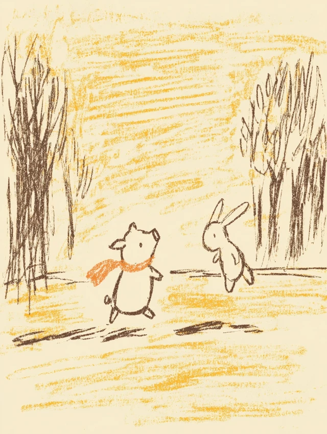 Piglet Chasing Rabbit Whimsical Illustration