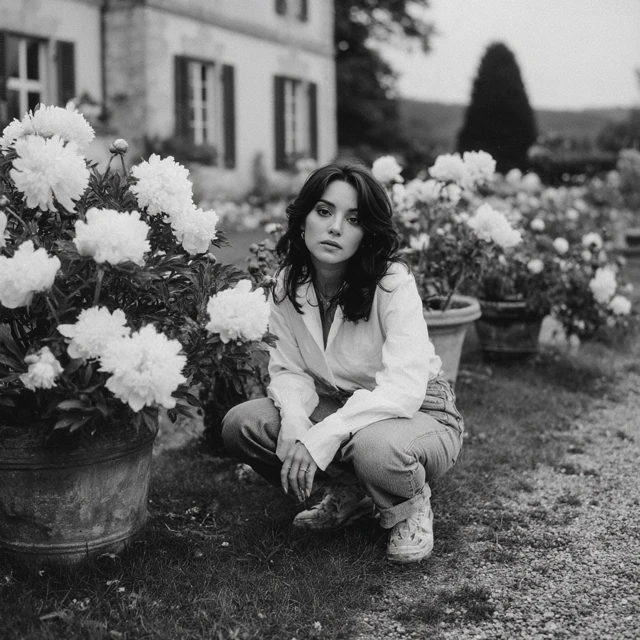 Model in Garden White Shirt and Jeans Photography