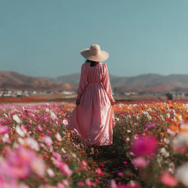 Woman in Pink Dress Walking Through Flower Field