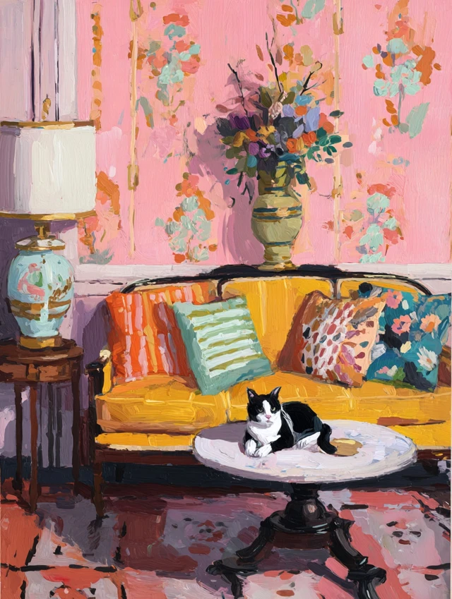 Whimsical Interior Painting by Matisse with Cat