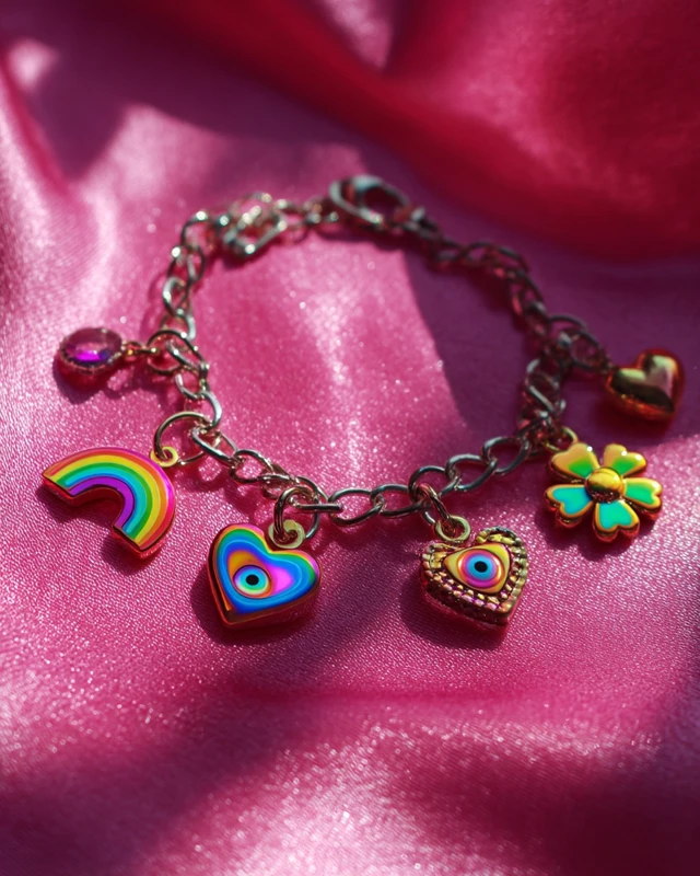 Charm Bracelet on Pink Satin Lucky Charms