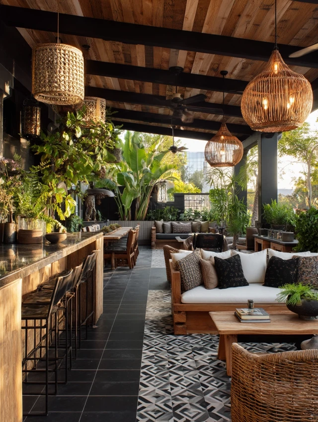 Southeast Asian Colonial Patio with Buddha and Plants