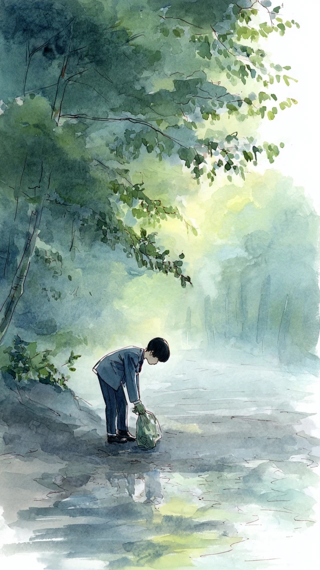 Japanese Student Cleaning Riverside Watercolor Art