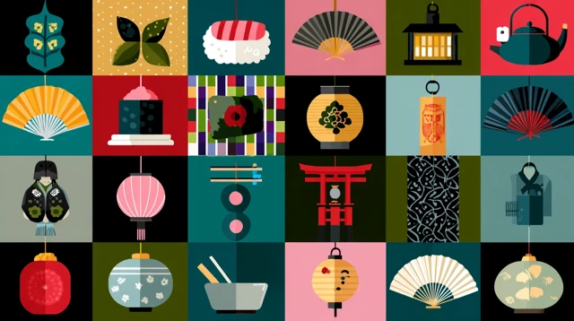 Japanese Culture Icons Sushi Lantern Fan Kimono Vector Art