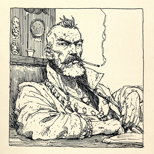 Tough Looking Bearded Man Smoking Pen and Ink Art