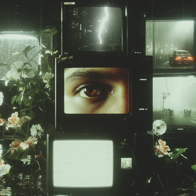 Surreal TV Collage: Dreamlike Scenes and Organic Elements
