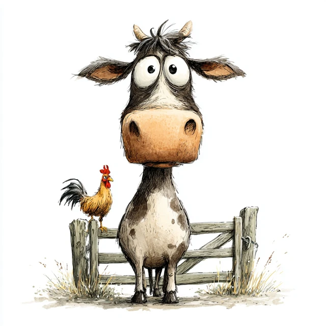 Funny Cartoon Cow and Chicken Friends Illustration