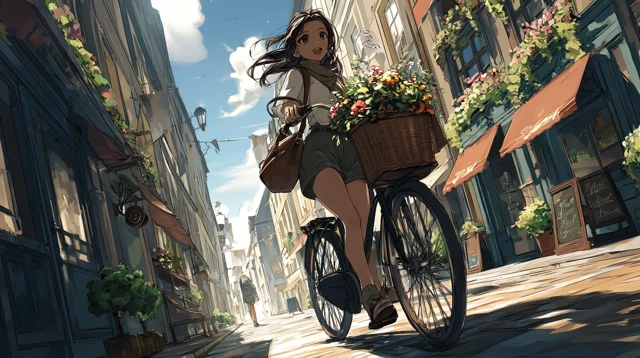 Anime Girl on a Bicycle in a European Street