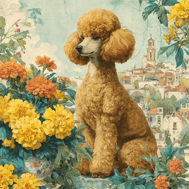 Poodle Watercolor Painting Flowers Richard Scarry Style
