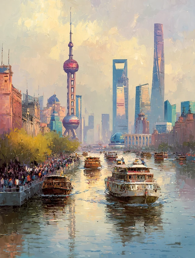 Shanghai Skyline Dusk Painting Oriental Pearl and Bund