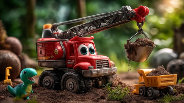 Cartoon Crane and Dinosaurs in a Sandbox