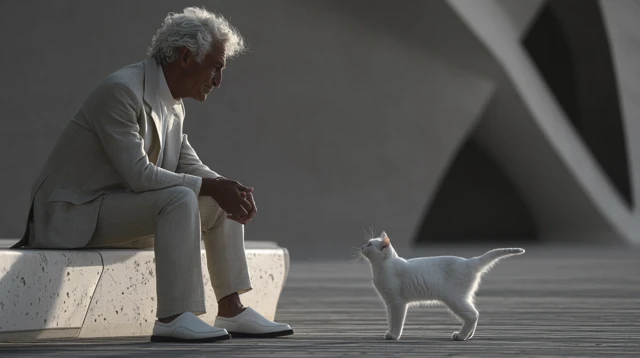 Man and White Kitten Cinematic Scene