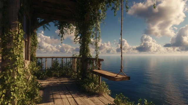 Seaside Treehouse Balcony Overlooking Ocean Tranquility