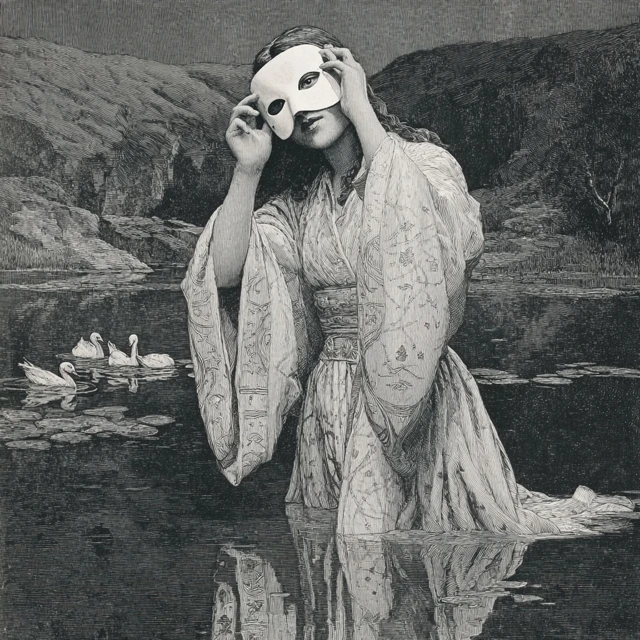 Woman with Mask in Black and White Landscape